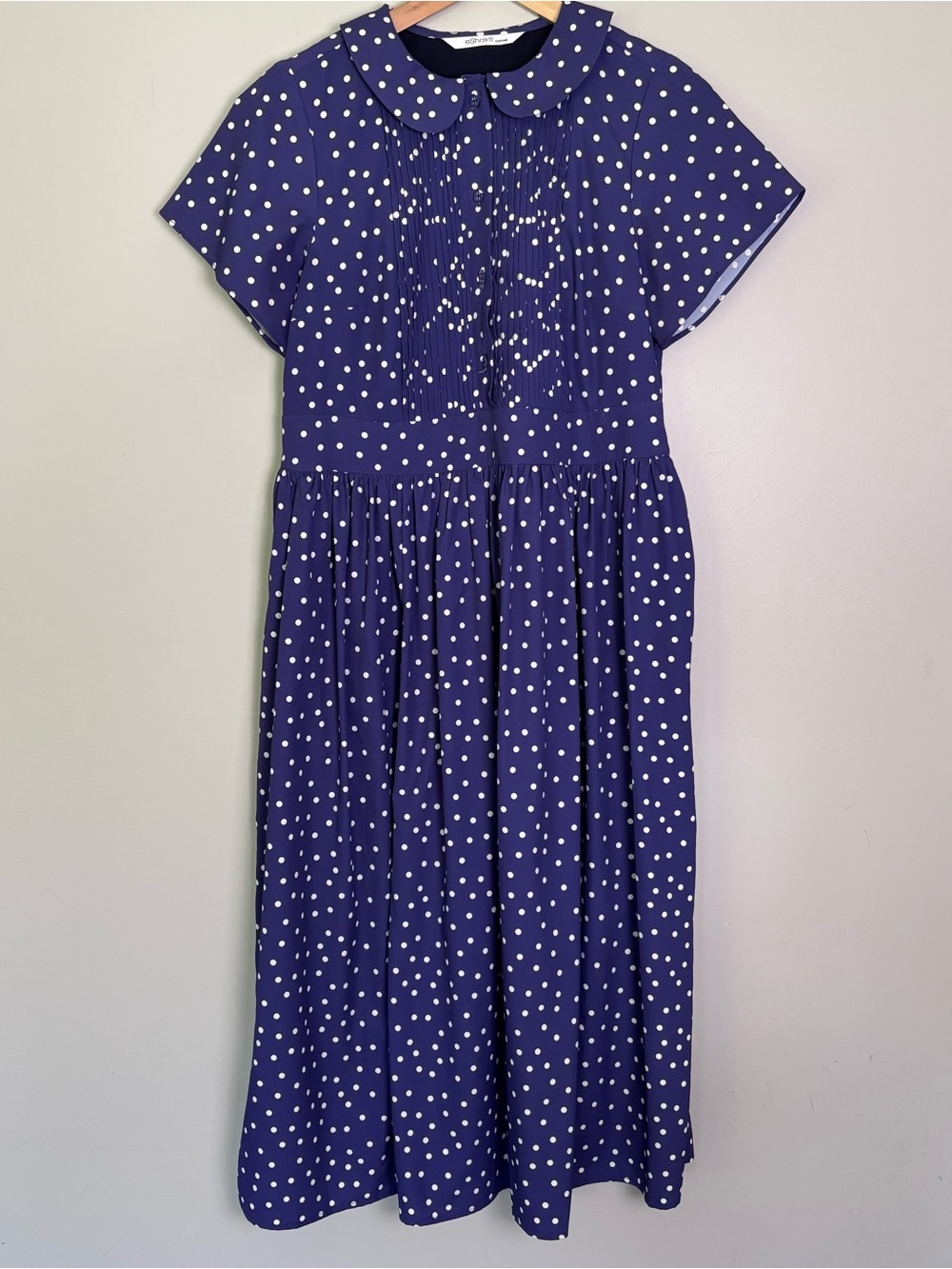 eShakti Pintuck Pleat Bib-Front Polka Dot Print Dress-Deep Violet/White-Size M